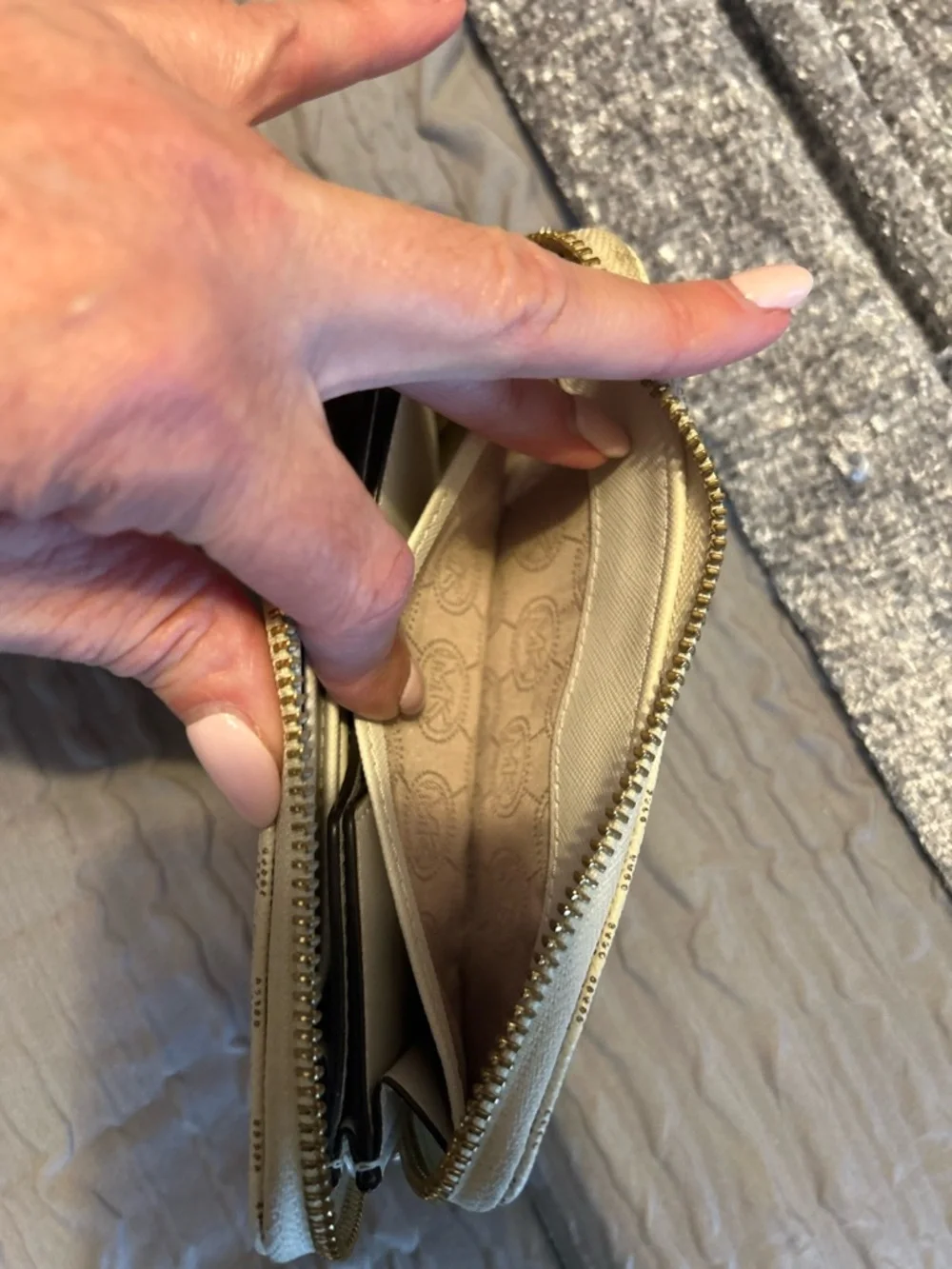 Michael Kors White/ Beige MK Monogram Zip Wallet with Gold Plate